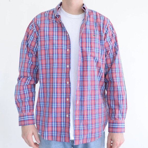 Vineyard Vines Blue & Red Checker Slim Fit Whales 100% Cotton Button Up Shirt M - Picture 1 of 12